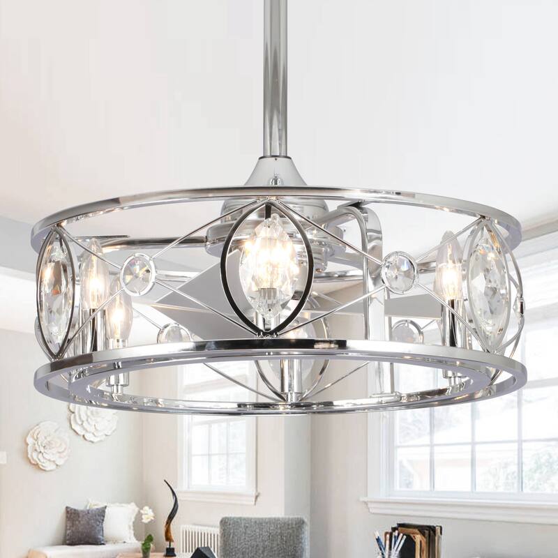22" Modern Chrome Crystal Fandelier Caged Ceiling Fan with Light - 22 Inches - 22 Inches - Chrome - Remote