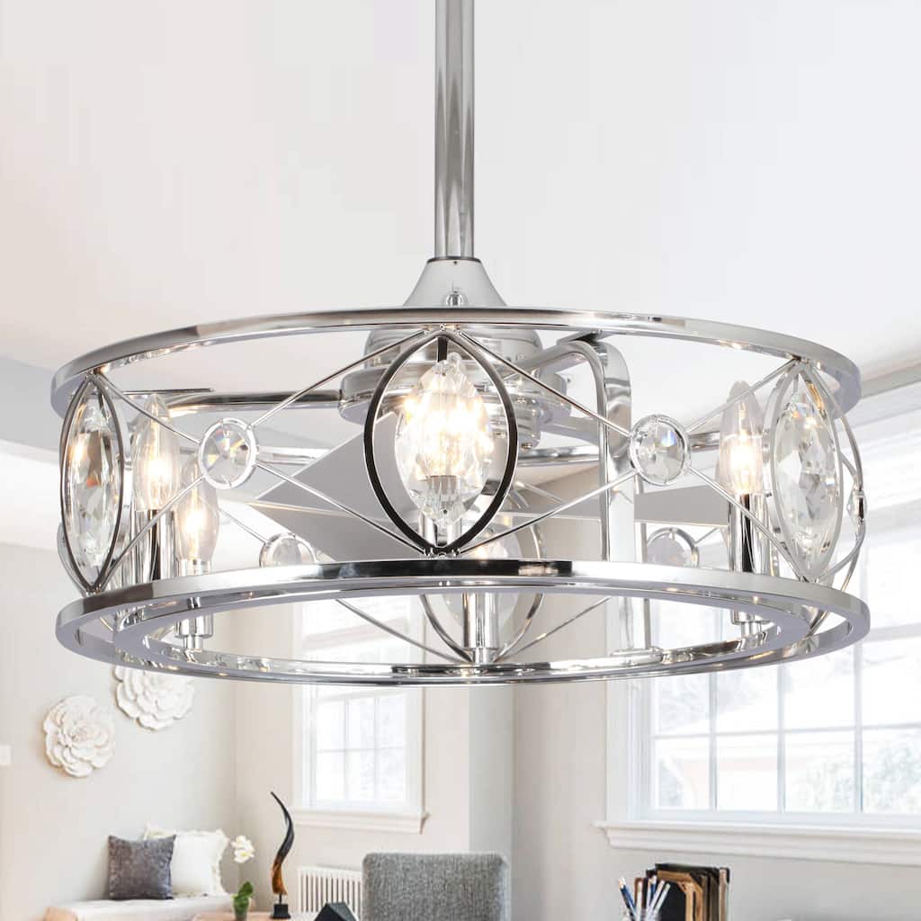 22" Modern Chrome Crystal Fandelier Caged Ceiling Fan with Light - 22 Inches