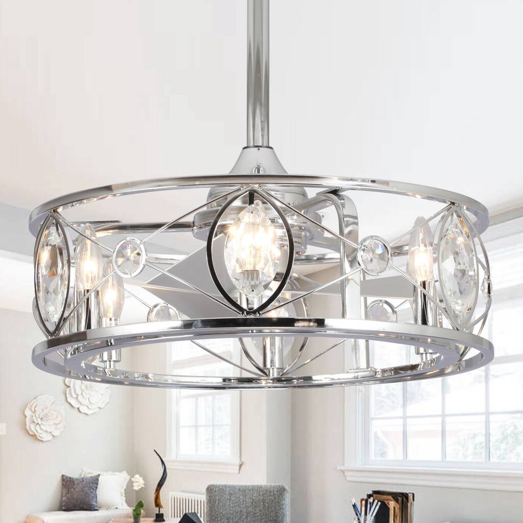 22 in. Modern Chrome Crystal Fandelier Caged Ceiling Fan with Light - 22 Inches