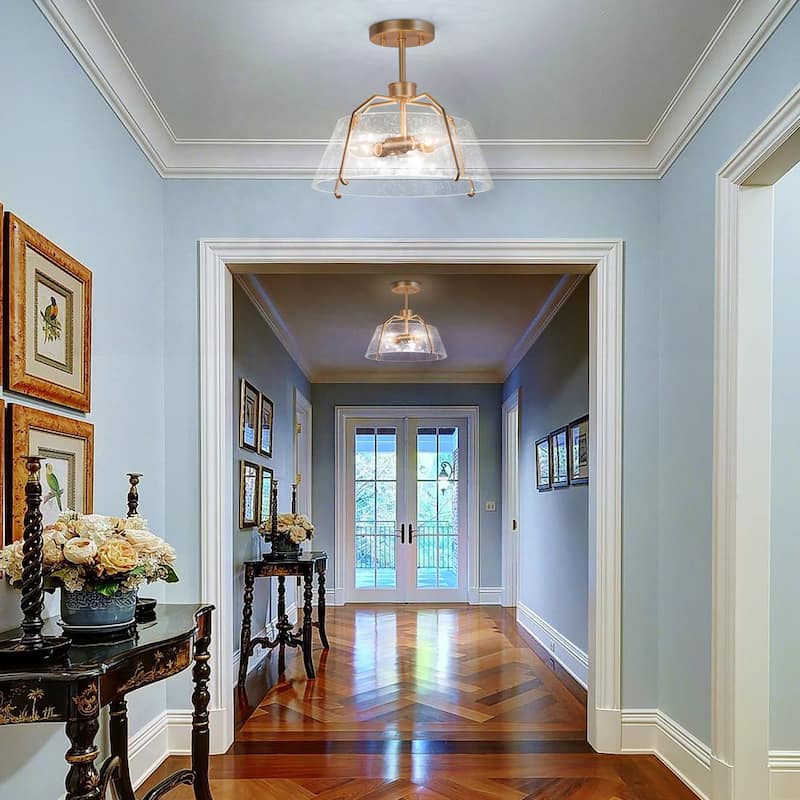 Clarise Glam Gold Semi Flush Mount Seeded Glass Dimmable Ceiling Light - D13"xH11.5"