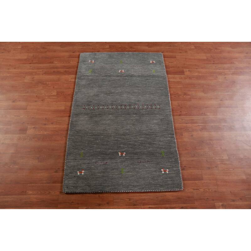 Hand Knotted Oriental 100% Wool Carpet Tribal Animal Pictorial Greys & Charcoal Gabbeh Area Rug - 4' 10'' X 3' 0''