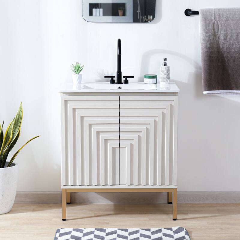 Rowan Geometric Modern Transitional 2-Shelf Bath Vanity Cabinet Only (Sink Basin Not Included), By JONATHAN Y - White - 30"W x 18"D x 33"H