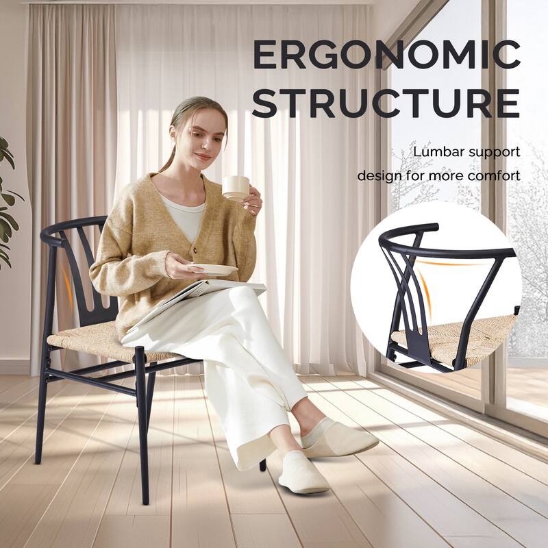 Set of 4 Hand-Woven Rope Dining Chairs with Metal Frame and Curved Back Ergonomic Design - 23” x 18.3” x 31.5”
