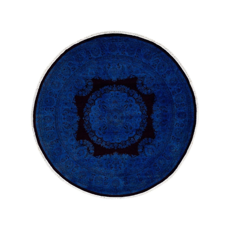 Overton Hand Knotted Wool Vintage Inspired Modern Contemporary Overdyed Blue Round Area Rug - 5' 3" x 5' 4"