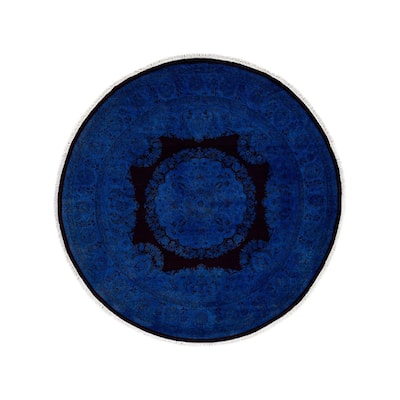 Overton Hand Knotted Wool Vintage Inspired Modern Contemporary Overdyed Blue Round Area Rug - 5' 3" x 5' 4"