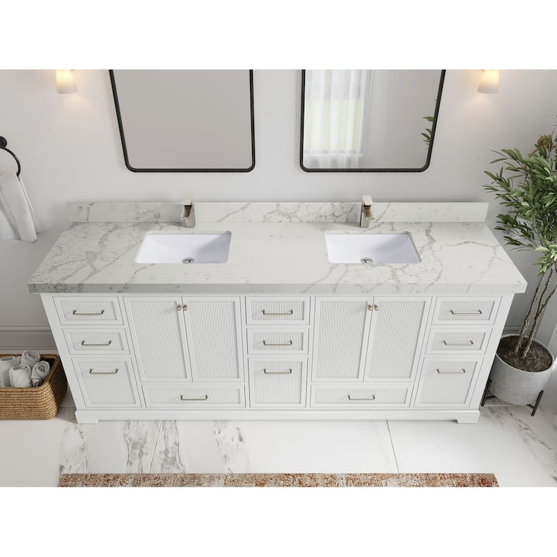 Willow Collections 84 in. W x 22 in. D Alys Double Bowl Sink Bathroom Vanity with Countertop - 2"Venatino Quartz - White