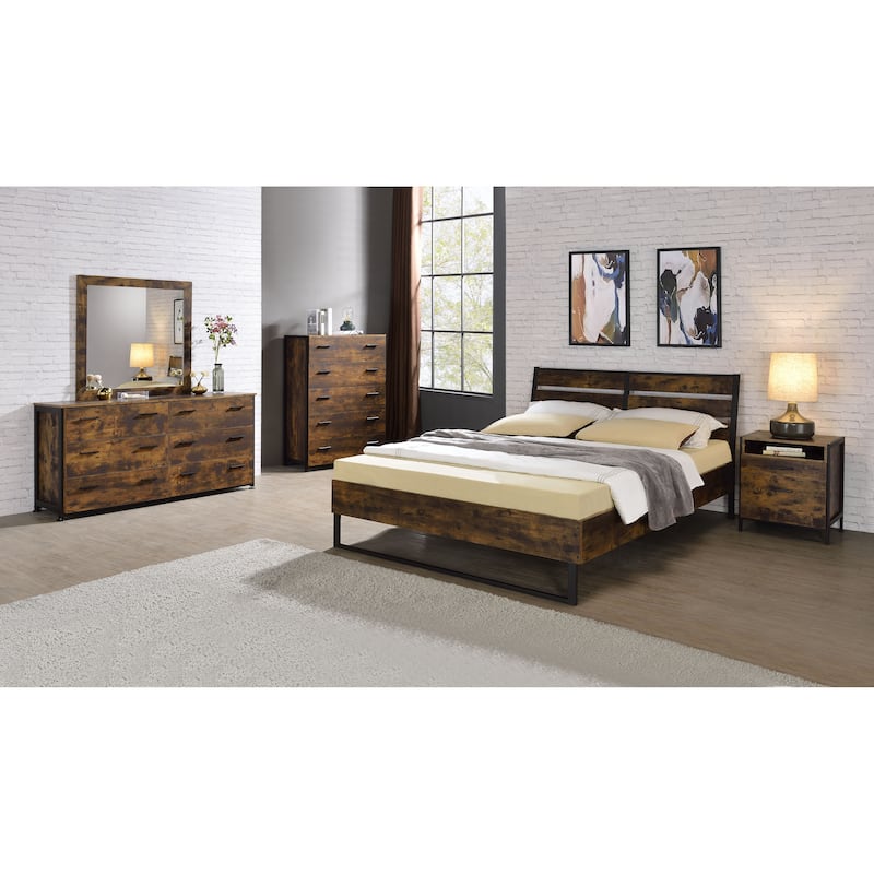 Modern Stylish Juvanth Eastern King Bed, Rustic Oak & Black Finish, Composite Wood, Metal - Oak - King