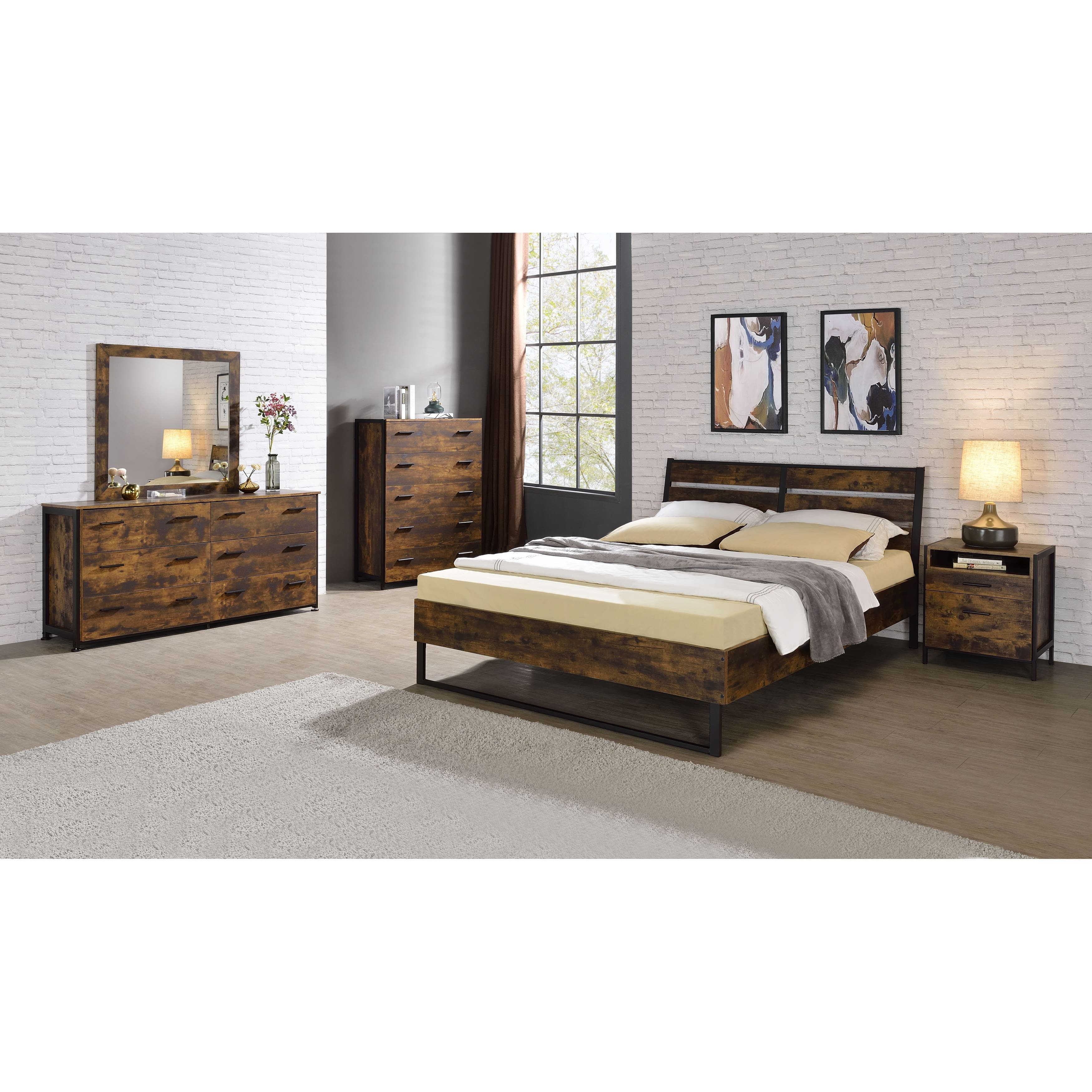 Rustic Oak & Black E. King Bed Industrial Style, Mesh Base, Panel