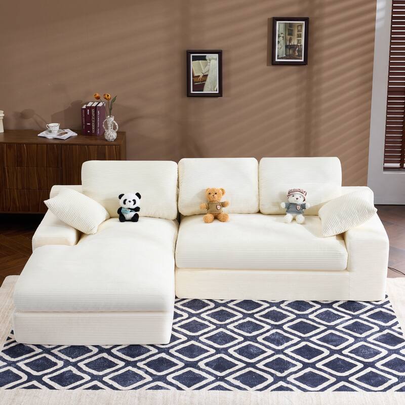 Roomfitters Corduroy Compressed Sofa with 3 Back Cushions & 2 Pillows, Soft Skin-Friendly Couch for Cozy Living Room - White