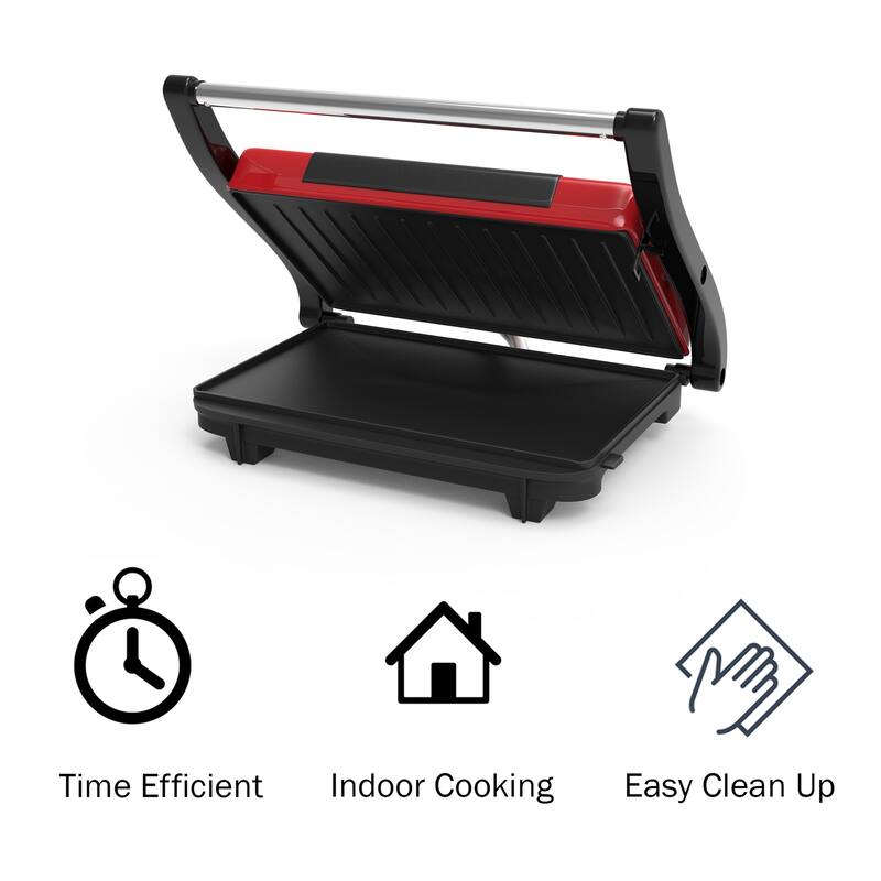 Panini Press - Sandwich Maker with Nonstick Plates by Chef Buddy (Red)