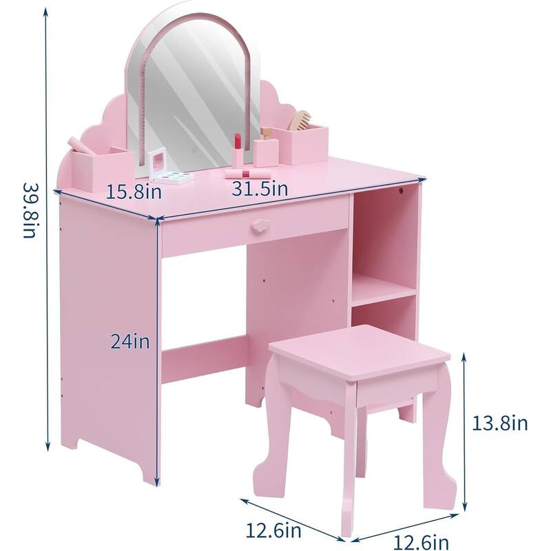 2 in 1 Kids Vanity Table & Stool with Lighted Mirror