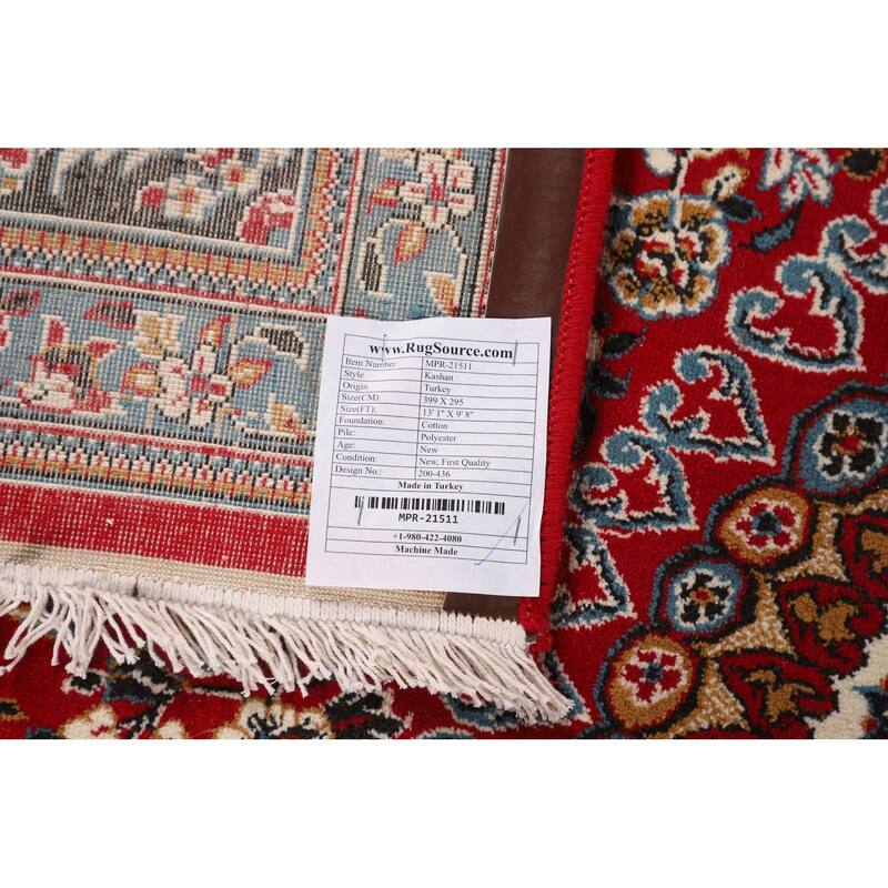 Traditional Kashan Turkish Rug Floral Red Machine-Made Carpet - 9'8" x 13'1"