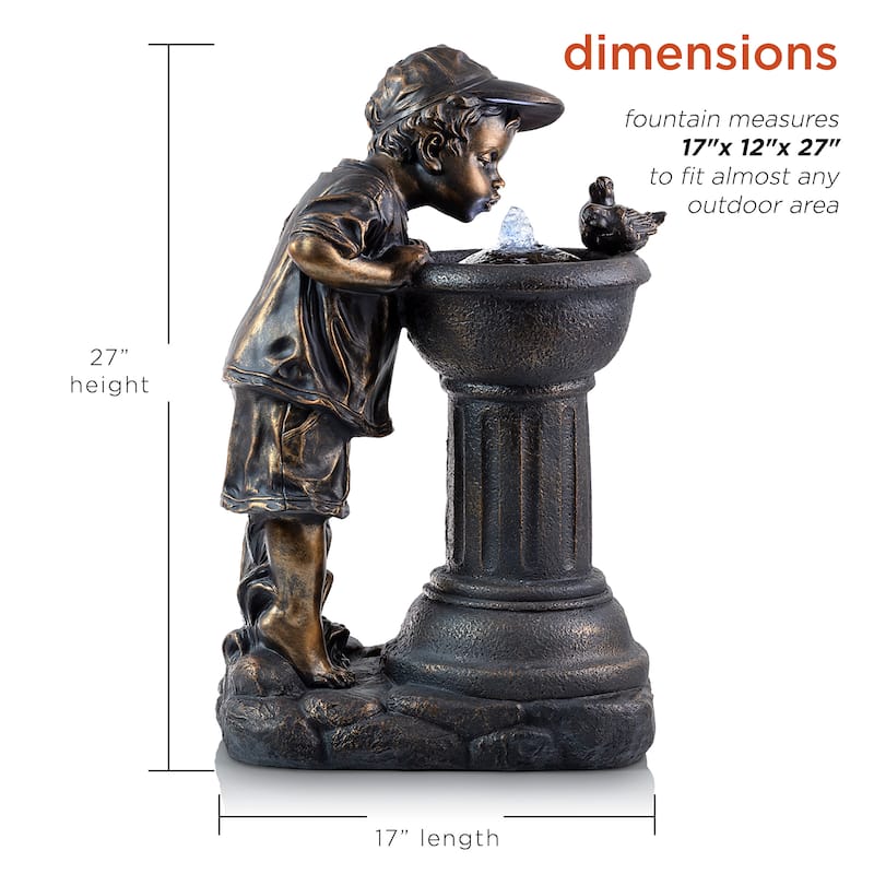 Alpine Corporation Outdoor Floor Joyful Boy and Girl Drinking Water Fountain, Playful Garden Waterfall with LED Lights