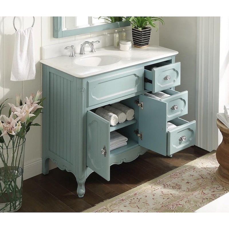 Benton Collection 42 Inch Light Blue Cottage Chic Bathroom Vanity With Marble Top