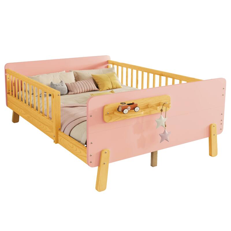 Kids Wood Platform Bed with Guardrails, Bottle Holder and 2 Hanging Rod, Convertible Toddler Daybed, Low Profile Design Frame