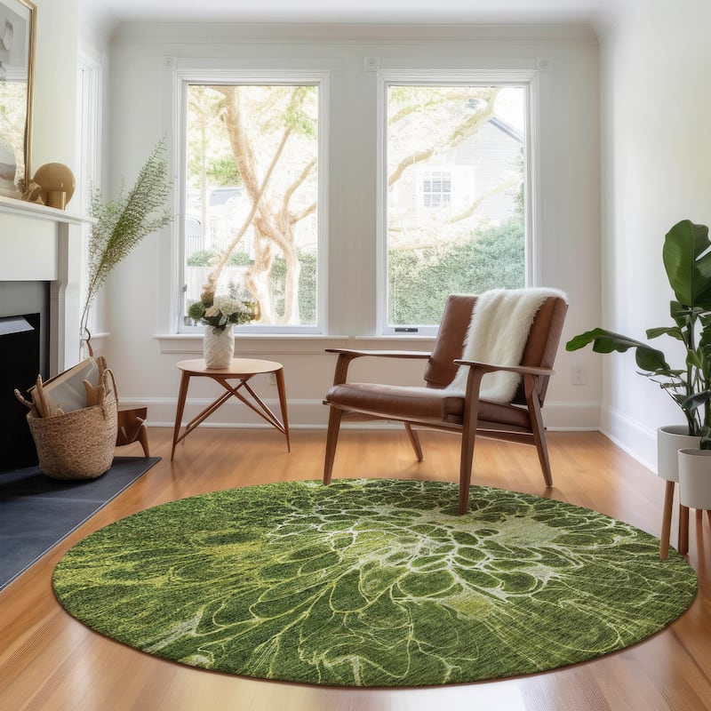 Premium Washable Super Soft Modern Floral Mayfield Rug - Olive - 8' x 8' - Round