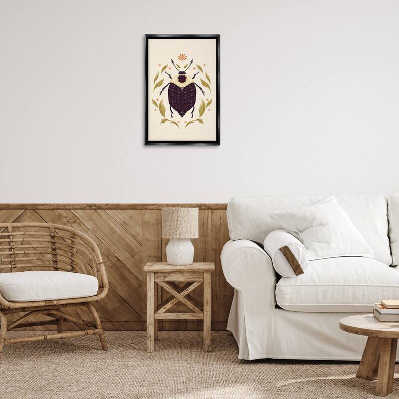 Stupell Black Beetle with Leaves Framed Floater Canvas Wall Art Design By Hannah Moren