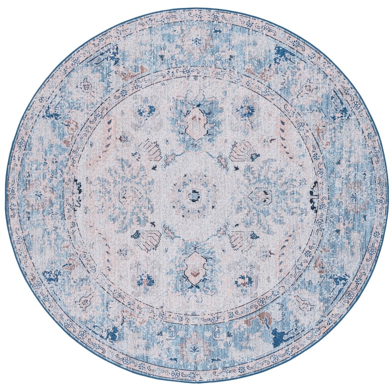 SAFAVIEH Tucson Adolfa Machine Washable Slip Resistant Shabby Chic - 6' Round - Blue/Beige - Round