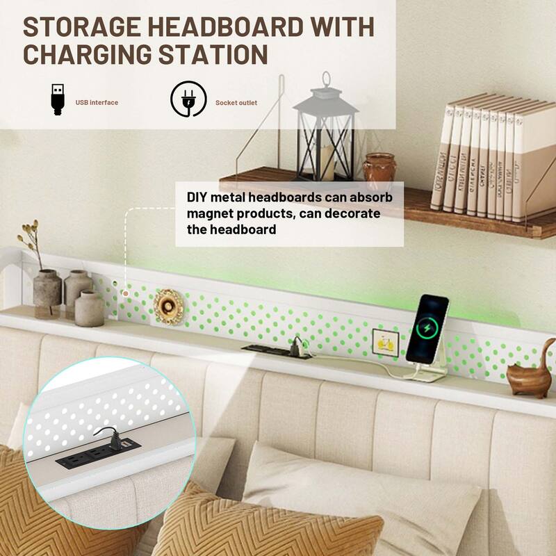Queen Bed Frame with LED Headboard, Upholstered Bed with 4 Storage Drawers and USB Ports for Apartment, Living Room， Bedroom