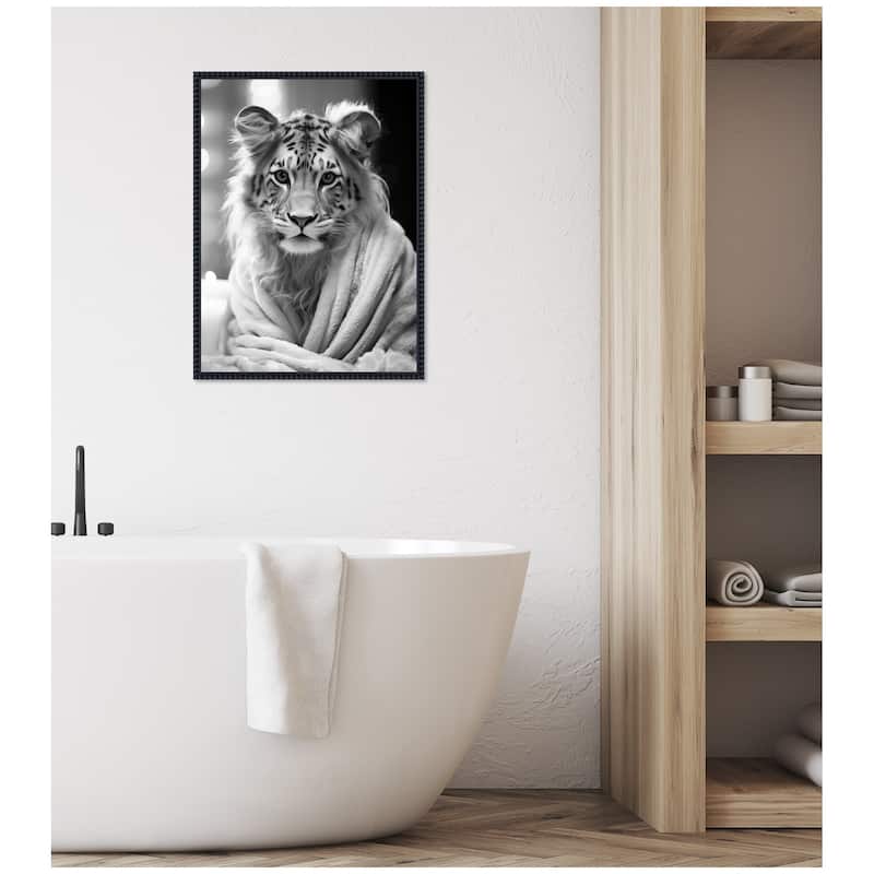Kate and Laurel Sylvie Tiger Glam Bathroom Towel Robe Black and White Framed Canvas by The Creative Bunch Studio