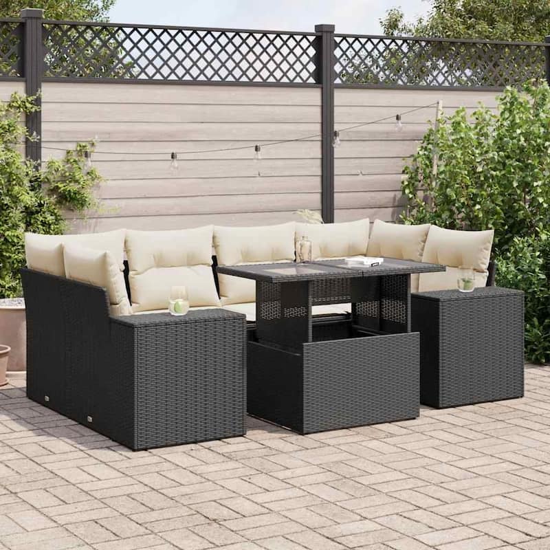 vidaXL Patio Sofa Set with Cushions Outdoor Furniture 7 Piece Poly Rattan - 24.4 x 24.4 x 27.2 - Black and Cream-with storage