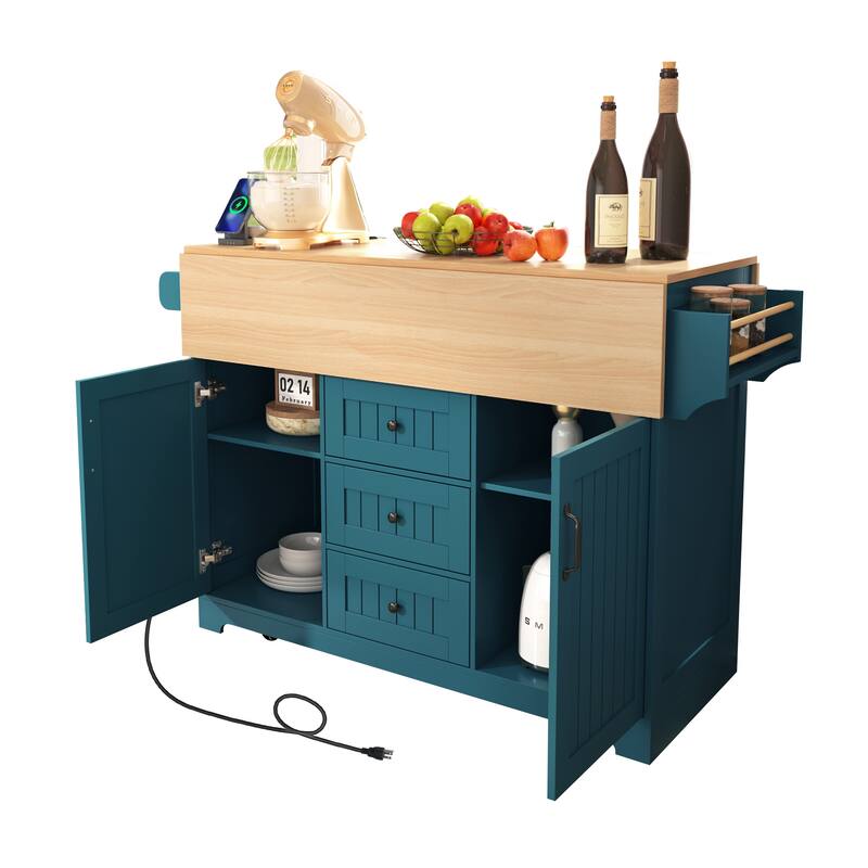 55.7" Large Kitchen Island with 2 Drop Leaf, on 5 Wheels with Power Outlet, Dining Table with Spice Towel Rack, 3 Drawers