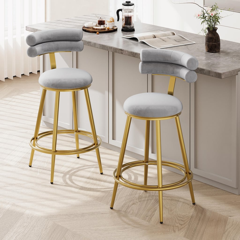 Set of 2, 27.65" Modern Velvet Counter Stools, Iron Frame, Soft Back, Cushion & Footrest