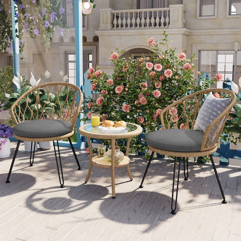 Outdoor Leisure Set, 2 Rattan Single Chairs with A Glass Round Table, Perfectly Suited for Patios, Balconies, and Courtyards - Natural+Grey