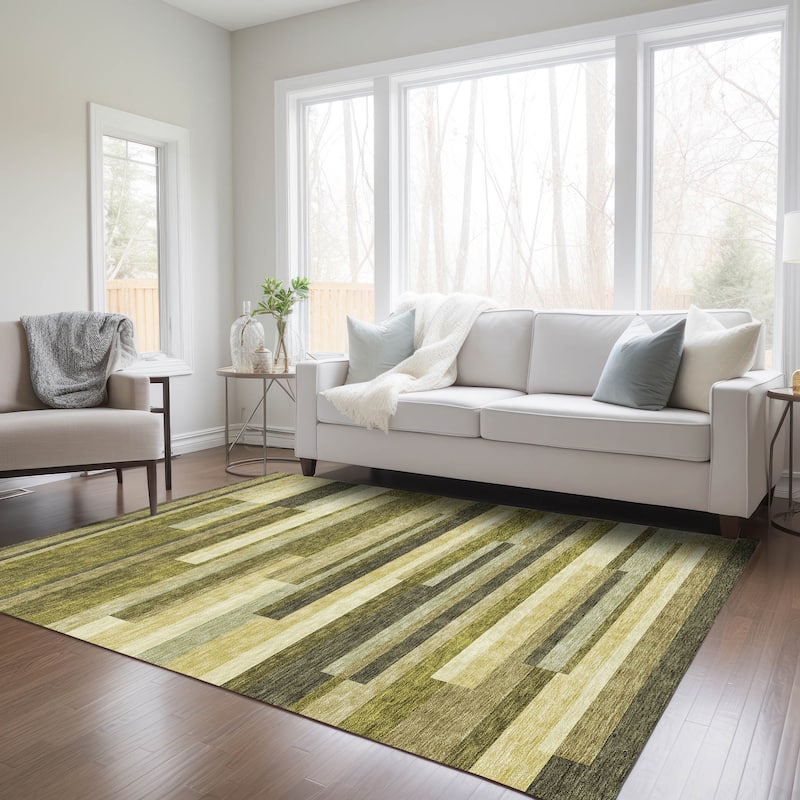 Machine Washable Indoor/ Outdoor Modern Stripes Chantille Rug