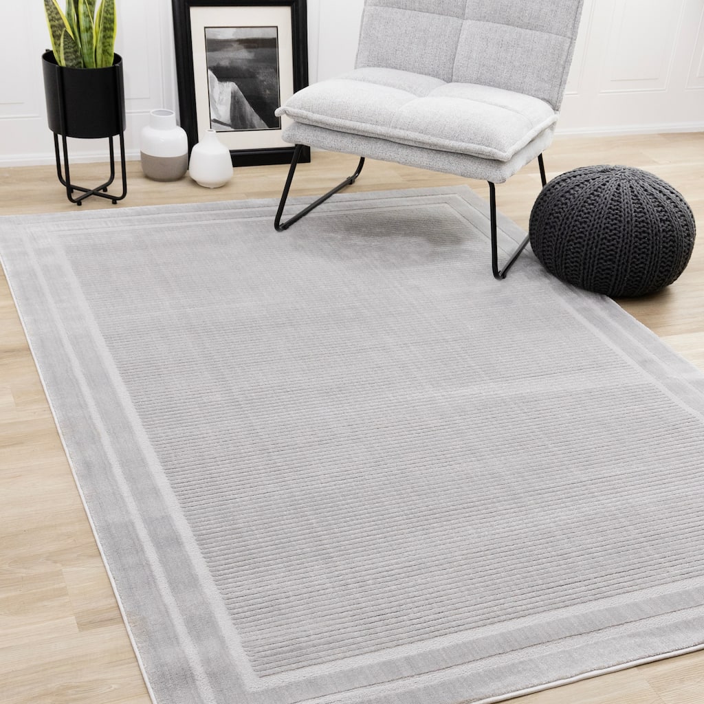 Ellie Collection - High-Low Textured Soft Grey Border Area Rug