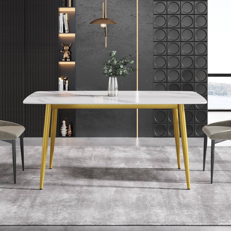 63" Modern Dining Table,Sintered Stone Tabletop and Solid Gold Carbon Steel Base