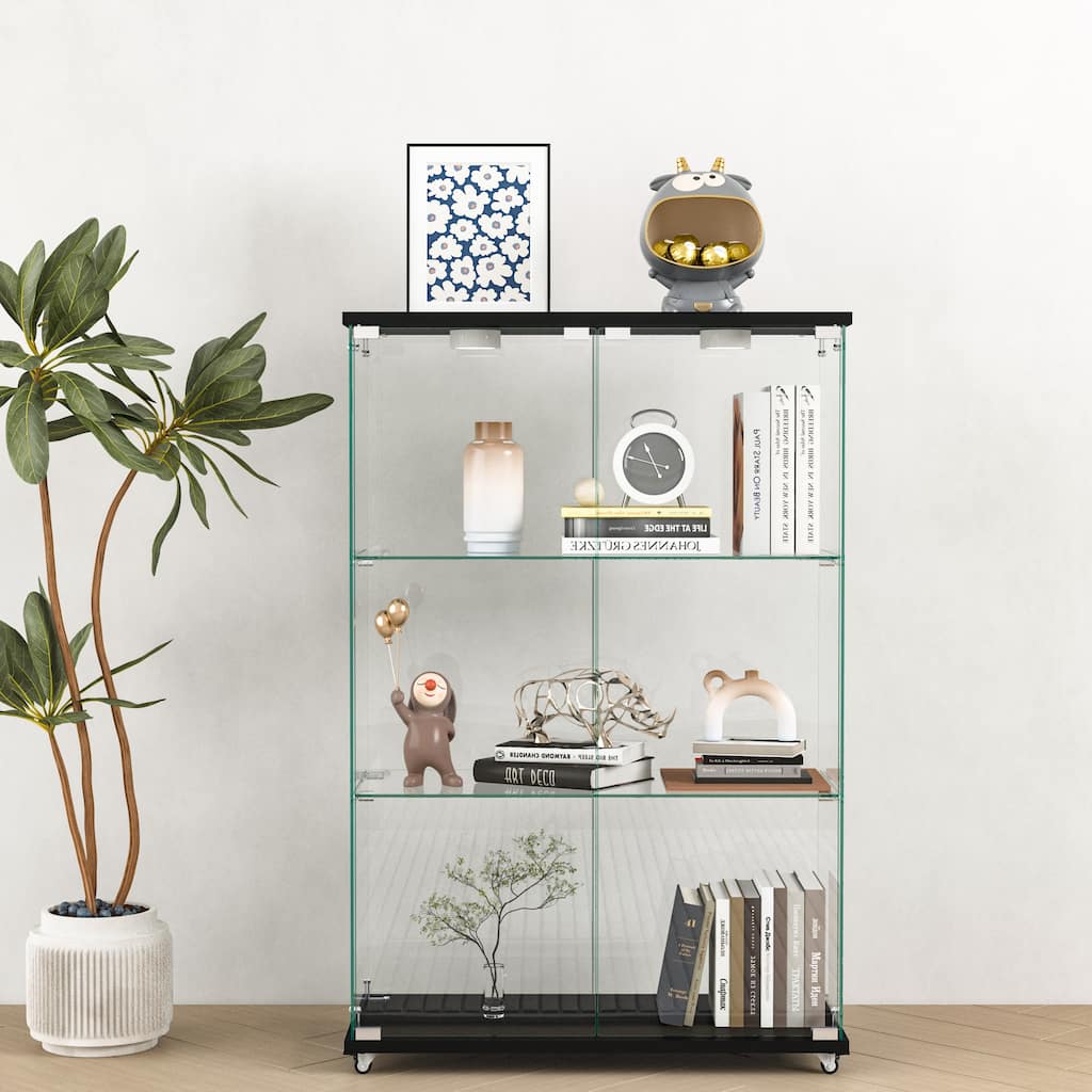 Modern Glass Display Cabinet with LED Lights, Quick-Assembly 2-Door Bookcase with Tempered Glass & Black Frame