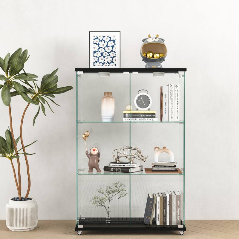 Modern Glass Display Cabinet with LED Lights, Quick-Assembly 2-Door Bookcase with Tempered Glass & Black Frame