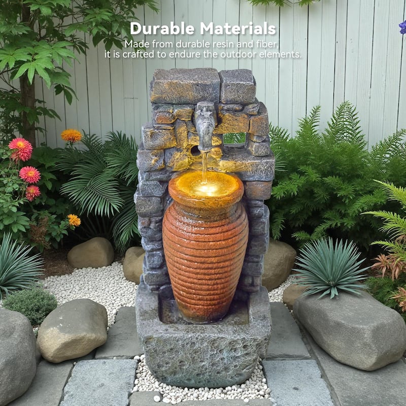 Outdoor 2-Tier Hand Crafted Polyresin Rustic Jar and Stone Wall Weather Resistant Fountain – Vbal