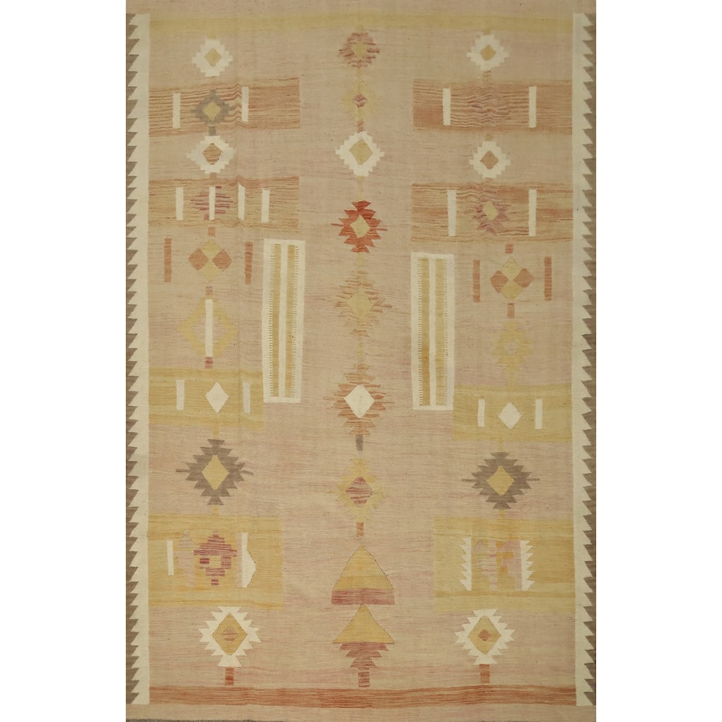 Hand Woven Oriental 100% Wool Carpet Southwestern Tribal Pink Kilim Area Rug - 9' 10'' X 7' 10''