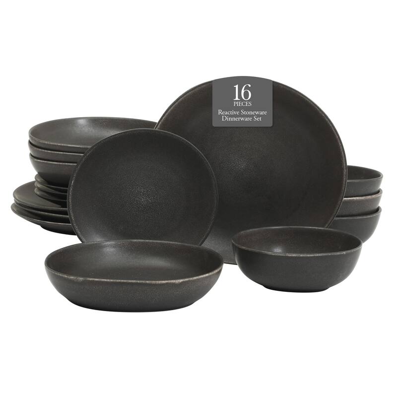 Gibson Elite Zion Mist 16 Piece Stoneware Reactive Glaze (Service for 4) Ceramic Plates and Bowls Modern Organic Dinnerware Set