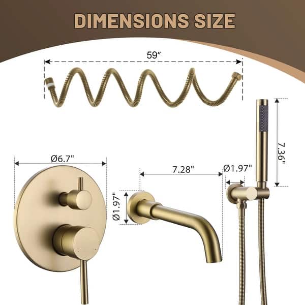 dimension image slide 2 of 3, Solid Brass 2 Handle Wall Mounted Roman Tub Faucet With Handheld Shower