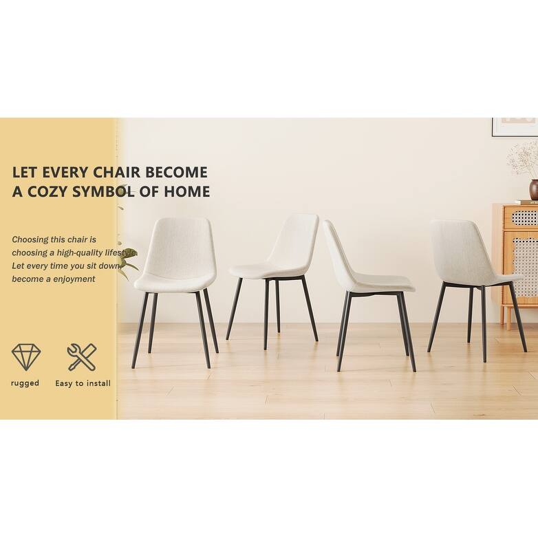 Linen 4 Piece Kitchen Dining Chair Set with Upholstered Cushion, Black Metal Legs for Dining Room Living Room Office Bedroom
