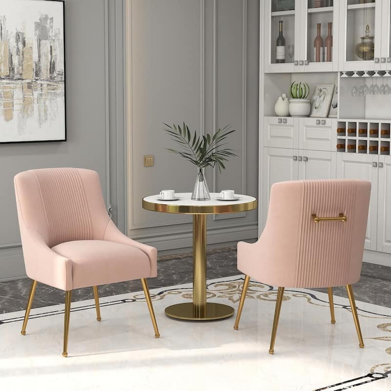 SEYNAR Modern Glam Boucle Pleated Velvet Dining Chair or Vanity Chair Set of 2 with Rear Handle - Pink