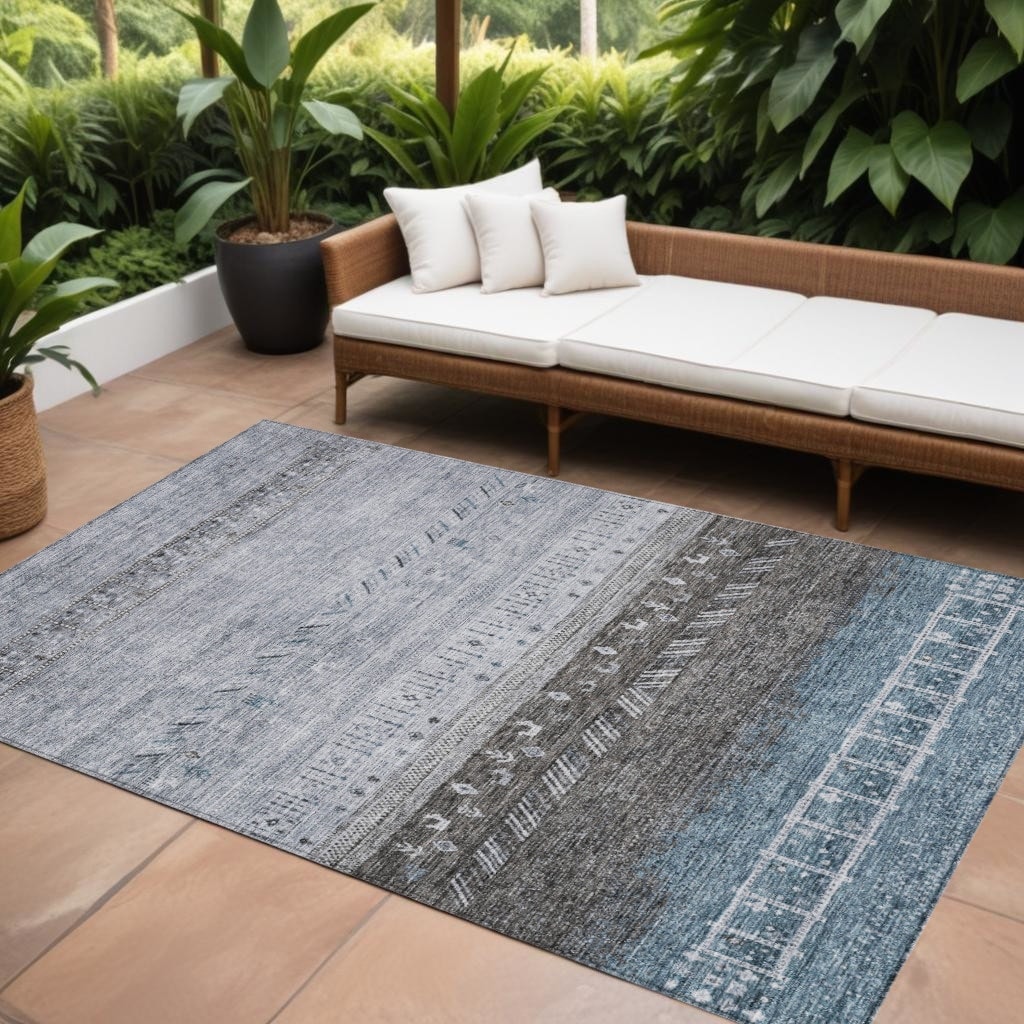 9' X 12' Blue Gray And Charcoal Southwestern Washable Indoor Outdoor Area Rug - 9' x 12'