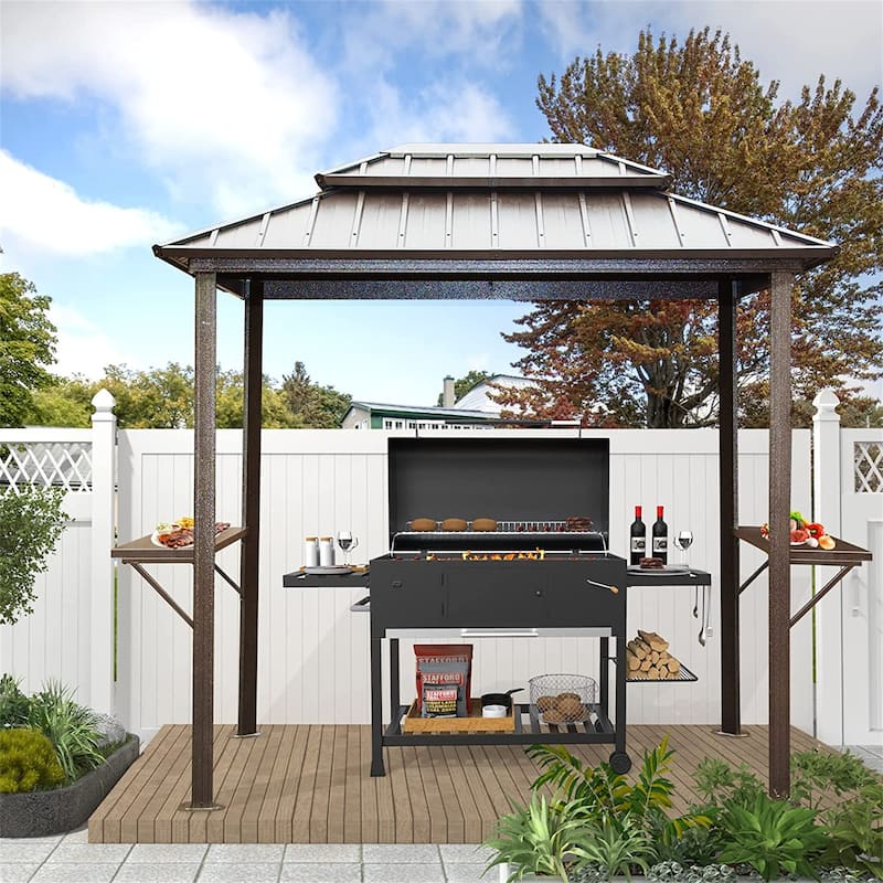 8 × 6 Ft BBQ Grill Gazebo Aluminum Frame Double Roof with Shelves Serving Tables
