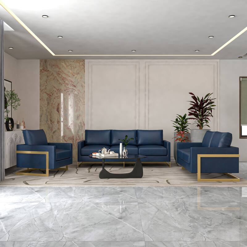 3-Piece Leather Sofa Set with Gold Stainless Steel Base and Removable Cushions