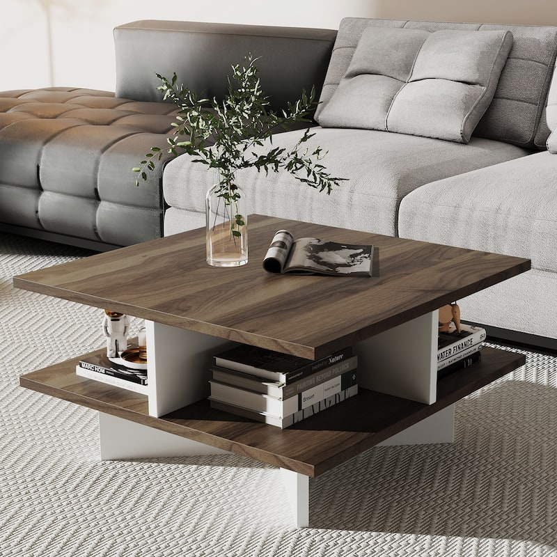 Stylish 2-Tier Multi-Functional Coffee Table with Storage Shelves and Cross-Shaped Base for Home Use - 24" x 24" x 13"