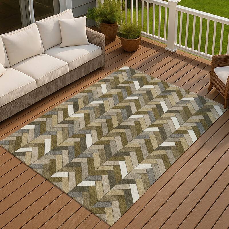 Machine Washable Indoor/ Outdoor Modern Chevron Chantille Rug - Brown - 9' x 12'