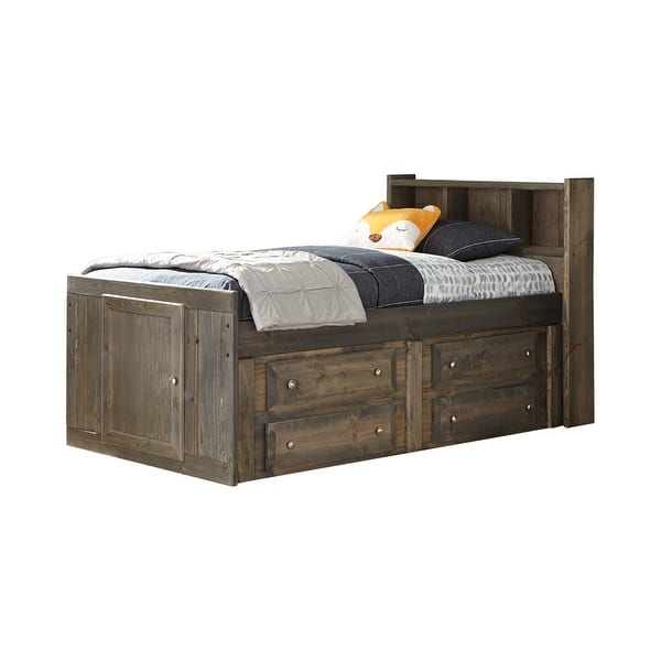 slide 2 of 6, Wrangle Hill Gunsmoke Wood Twin Storage Bookcase Bed Gunsmoke