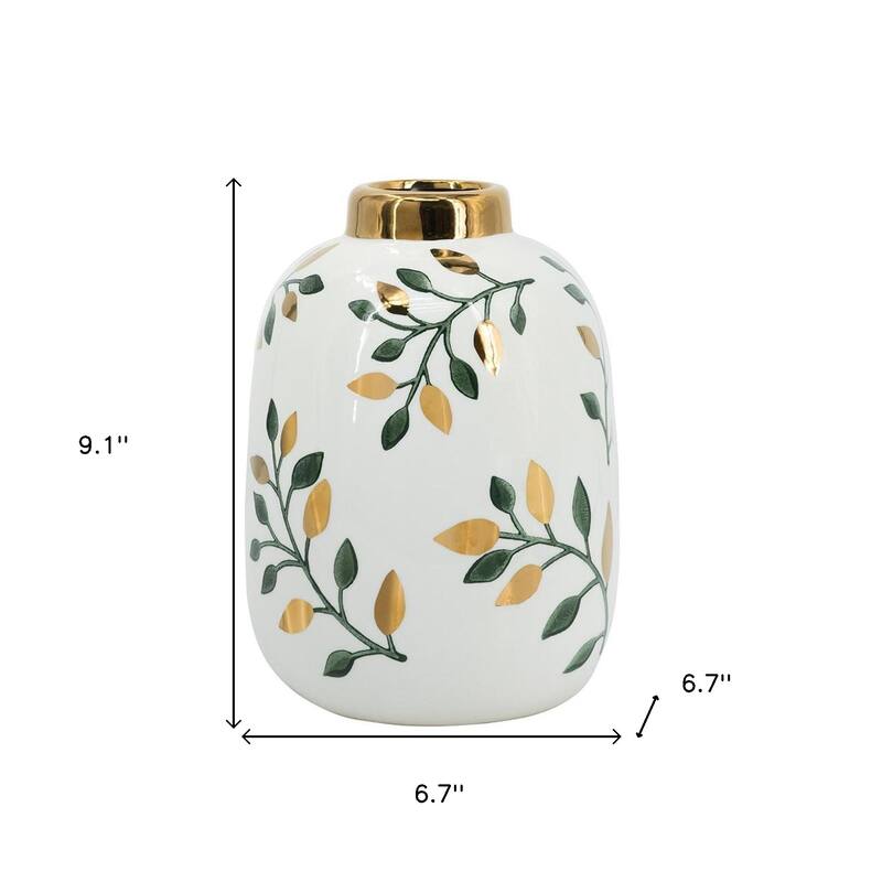 9" White Green And Gold Leaf Round Ceramic Table Vase - 6.70