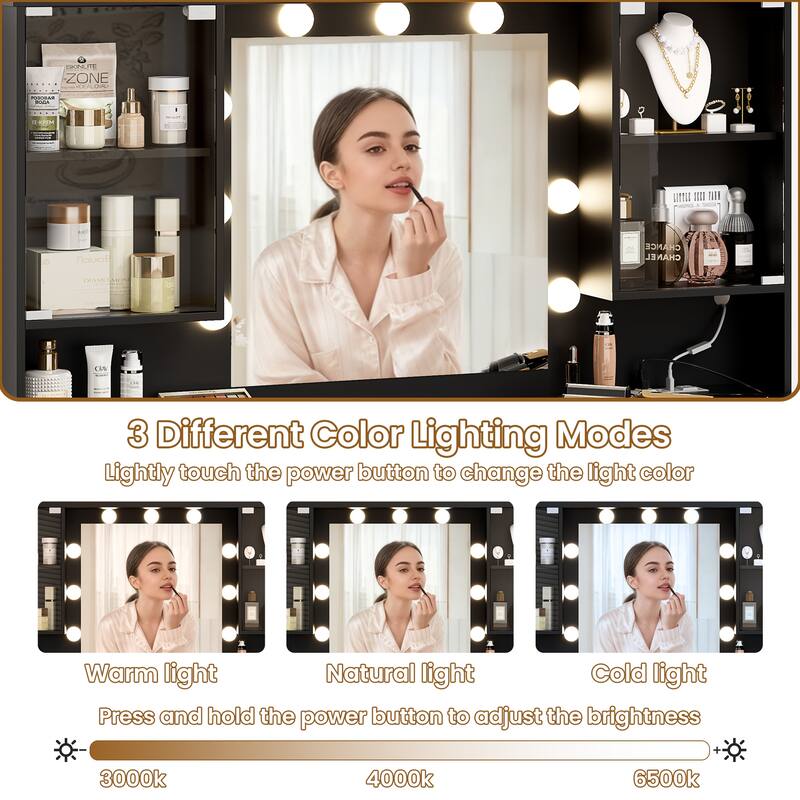 47" Modern Makeup Vanity Desk with Mirror and Large Cabinets, Dressing Table