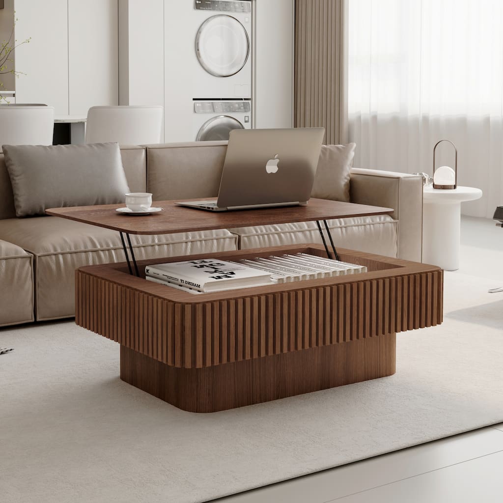 38.6" Fluted Lift-top Coffee Table, Coffee Table Accent Tea Table with Storage and Adjustable Height for Living Room