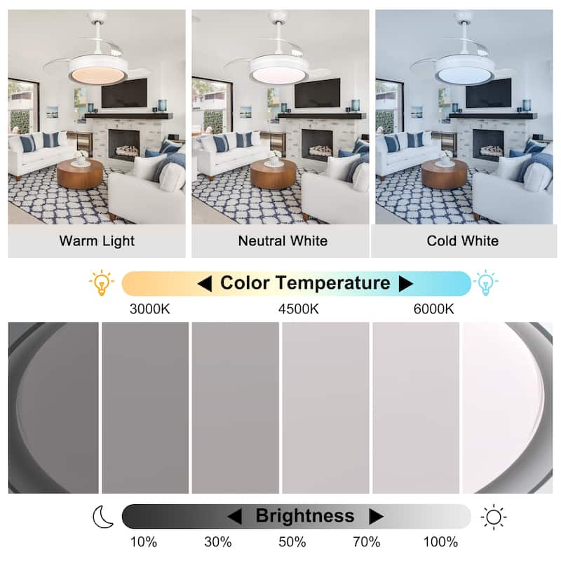 Bella Depot 36" Modern Retractable Ceiling Fan with Dimmable Led Light and Remote, 6-Speed Reversible DC Motor