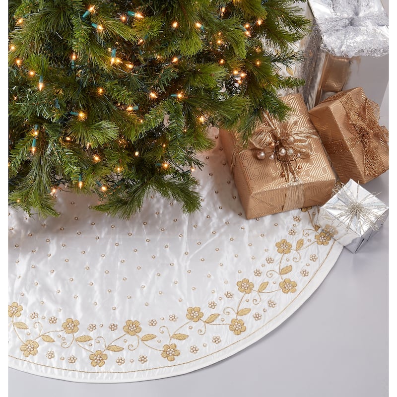 Handcrafted Christmas Tree Skirt With Beaded Flower Design